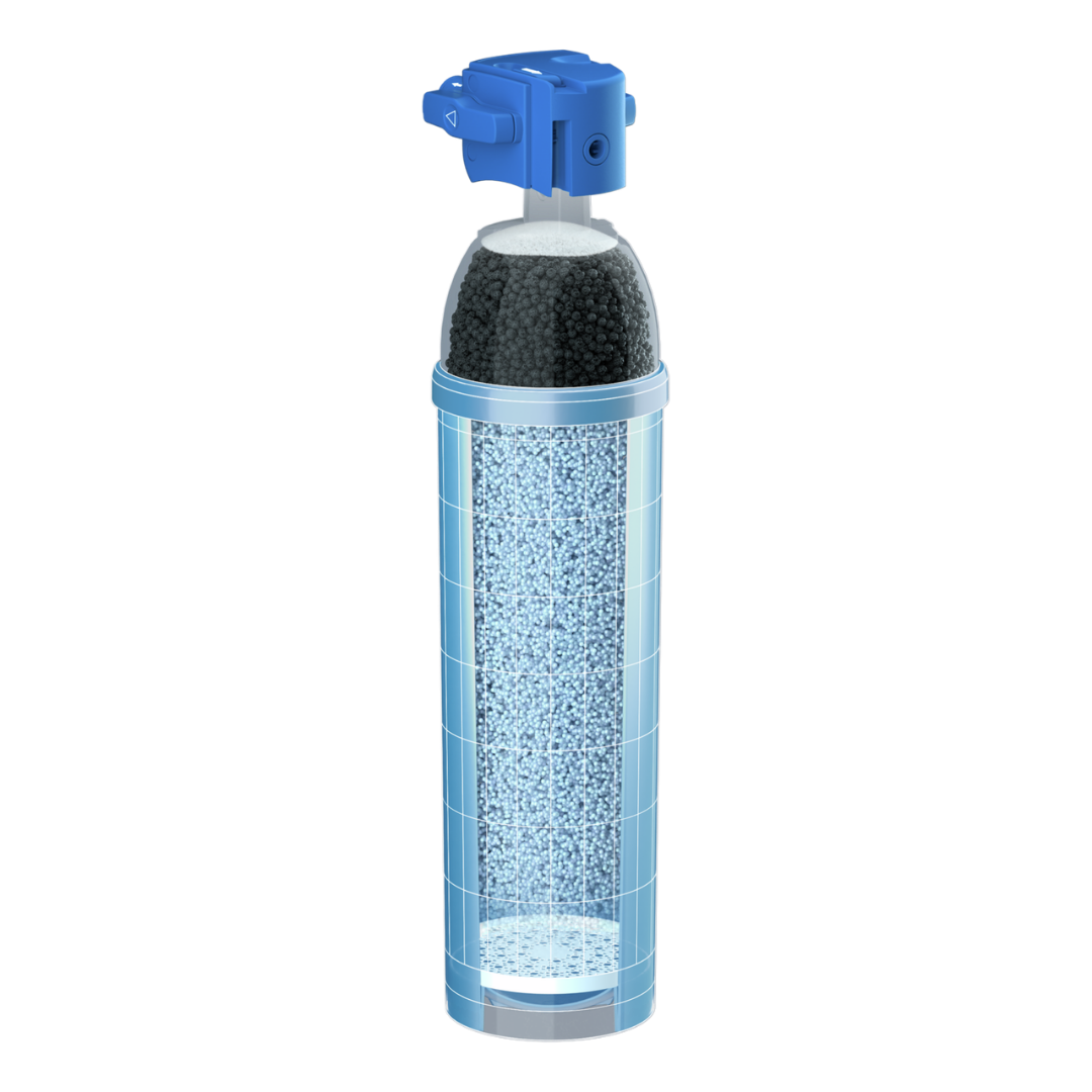 Doorsnede van het PURITY C-filter, waarop de interne filterlagen en het filtermedium te zien zijn.