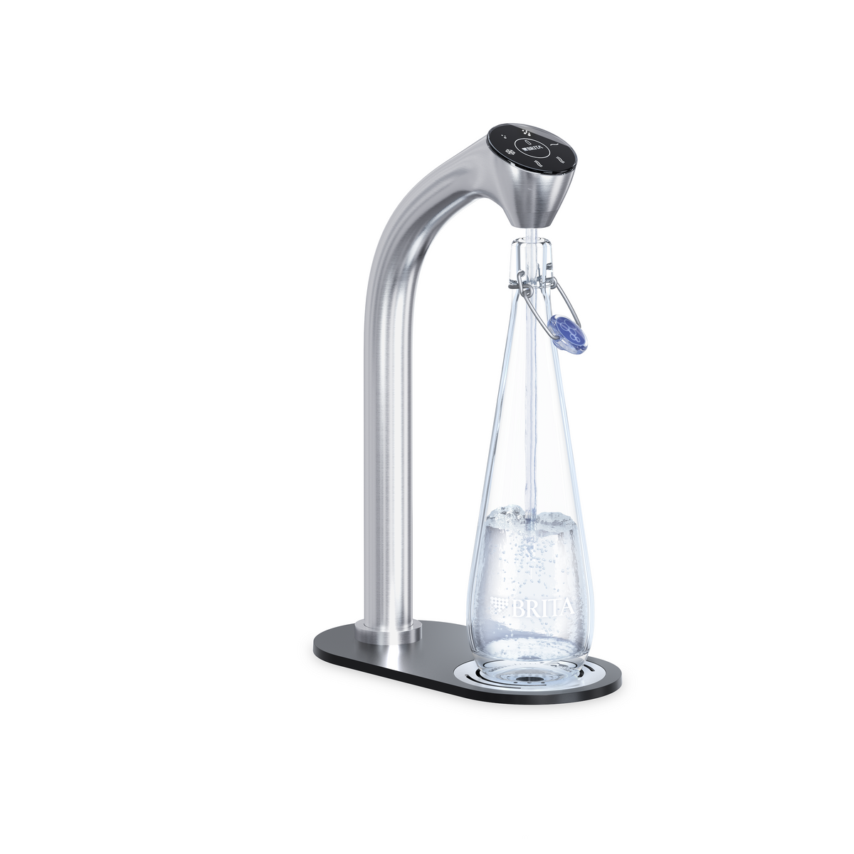 A modern automatic BRITA Extra C-Tap with a curved stainless steel spout and control panel, shown filling a clear glass bottle with carbonated water on a white background.