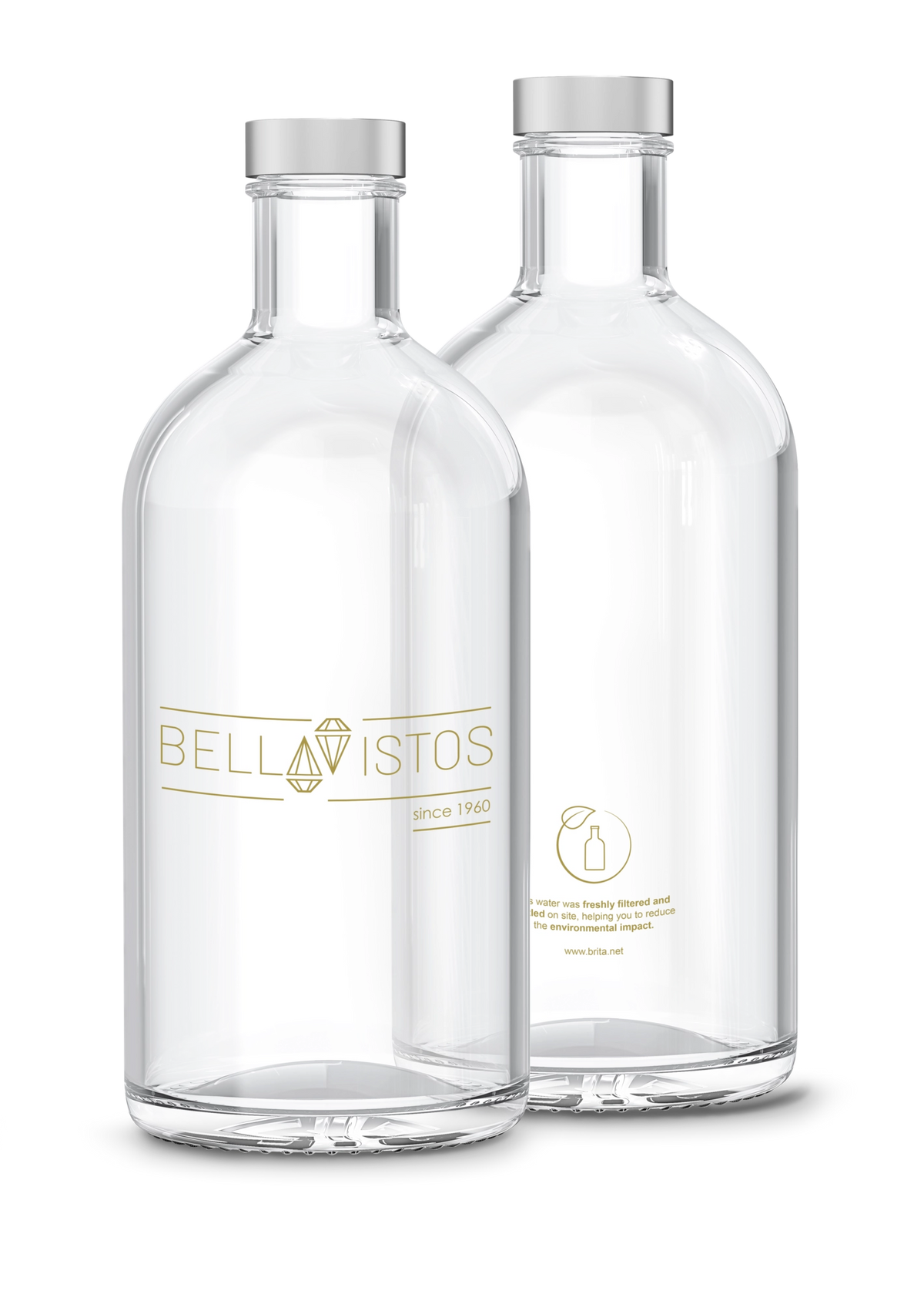 Twee BRITA Lounge-flessen met zilveren deksels op een witte achtergrond, voorzien van de logo’s van klanten.