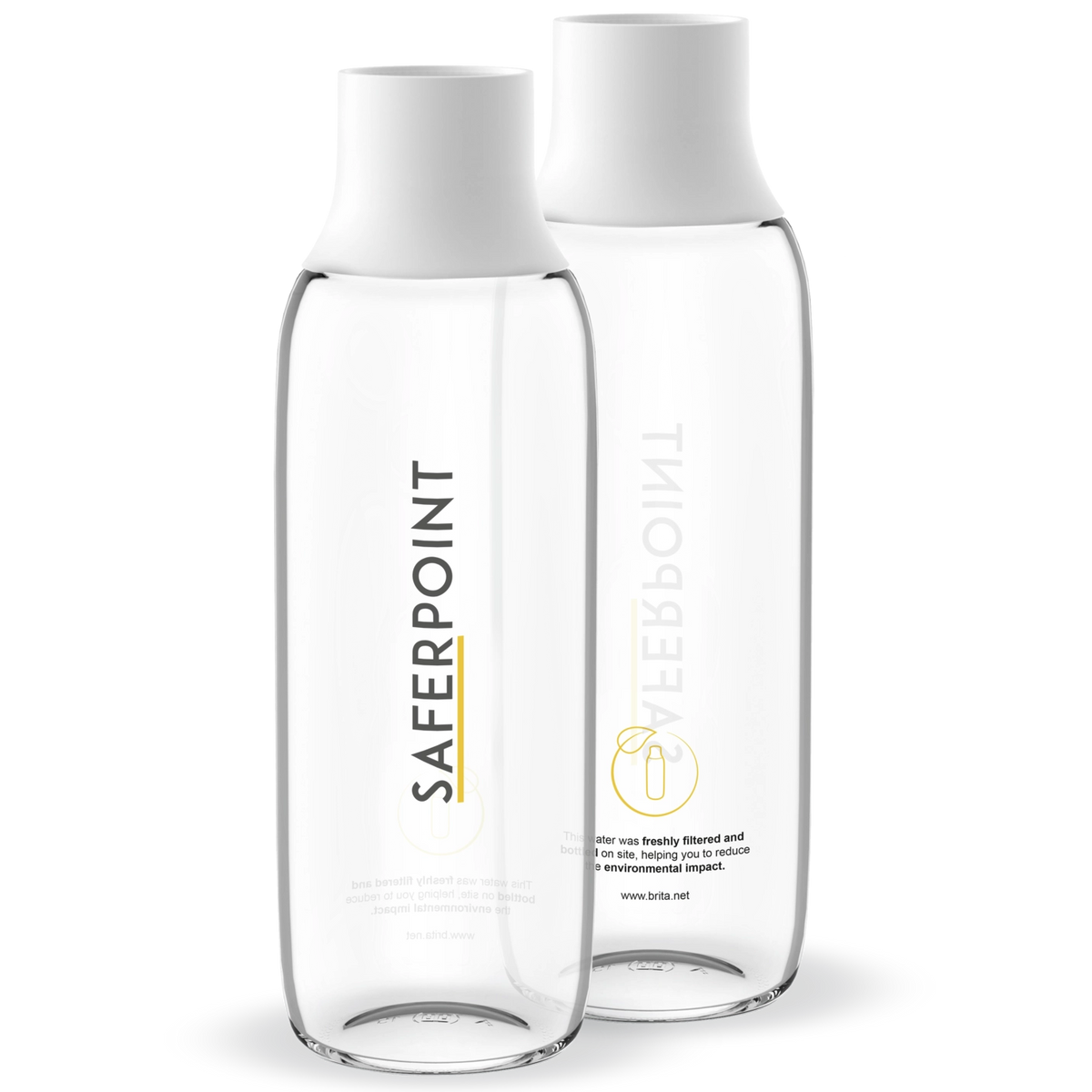 Twee BRITA Wave-flessen met witte doppen en het logo van de klant.
